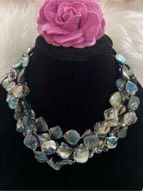 Vintage 14K White Gold Filled 3-Strand Peacock Pearl Statement Necklace 228g